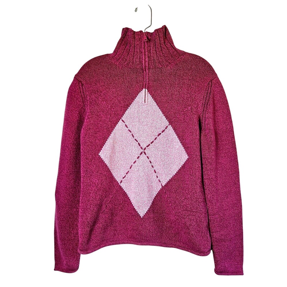 Tommy Hilfiger Pink Argyle Quarter Zip Knit Sweater M Y2K Preppy Academic Cozy